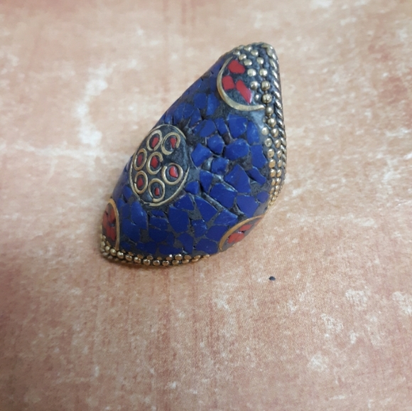 New Tribal Lapis Lazuli & Coral Silver Brass Statement Ring. - Picture 6 of 8